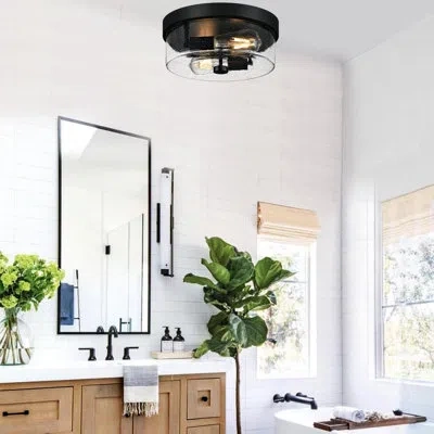One Black Flush Mount Ceiling Light Fixtures, 2-light Ceiling Mount For Farmhouse With Seeded Glass Lamp In Matte Black
