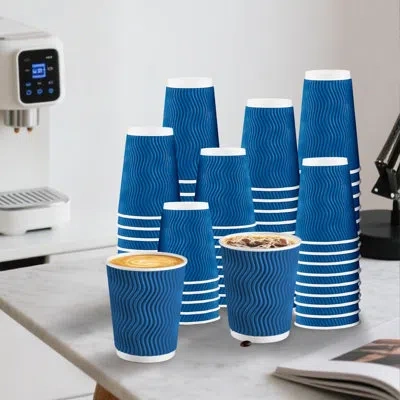 One Coffee Cups 12 oz - 120 Pack, 12 oz Disposable Paper Coffee Cups Insulated, Corrugated Kraft Ripple  In Navy