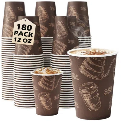 One Coffee Cups 12 oz Paper Cups 180 Pack, Thickened Paper Coffee Cups Disposable 12 oz Coffe Cup, Hot/c In Brown