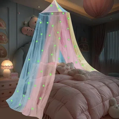 One Colorful Princess Bed Canopy For Girls With Glow In The Dark Stars, Rainbow Canopy Net Fits Most Sin In Multi