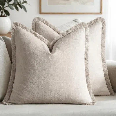 One Decorative Throw Pillow Covers Neutral Linen Fringe Throw Pillows Set Of 2 Natural Beige Boho Farmho In Ivory