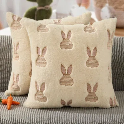 One Easter Pillow Covers 18x18 Inch Set Of 2 Pink Ear Brown Embroidery Rabbit Head Decorative Soft Plush In Ivory