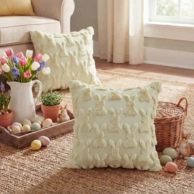One Easter Rabbits Beige Throw Pillow Covers, 18 X 18 Inch Bunny Soft Plush Faux Fur Jacquard Cushion Ca In Ivory