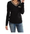 One Eleven North Glitter Lining V-neck Top In Black In Black