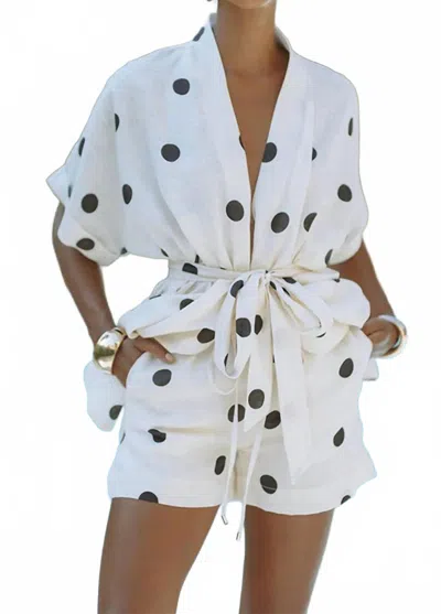 One Fashion Polka Dot Tie-up Kimono And Shorts Set In White
