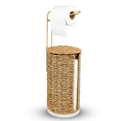 One Freestanding Wicker Toilet Paper Holder With Lid, 3 Rolls Of Toilet Tissue Storage, Rattan Handmade  In Natural