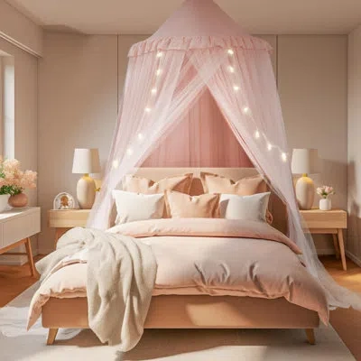 One Large Bed Canopy With Star Lights, Double Layer Canopy For Bed, Princess Play Tent For Room, Breatha In Pink