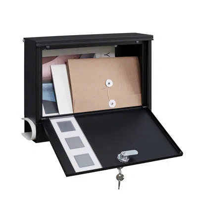 One Locking Mailbox Wall Mounted, Metal Postbox With Three Sets Of Mail Box Number Stickers, 4 Keys, 14. In Black