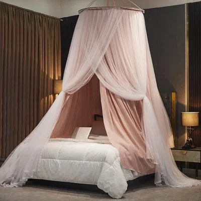 One Luxurious Bed Canopy For Adults - Double Layer Princess Canopy With Lace, Round Dome Mosquito Nettin In Pink