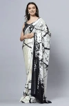 One Minute Saree® Camille Cream Satin Crepe Pre-draped Saree With Black Print