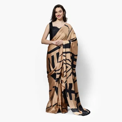 One Minute Saree® Candice Brown Satin Printed Ready To Wear Sari In Camel & Black