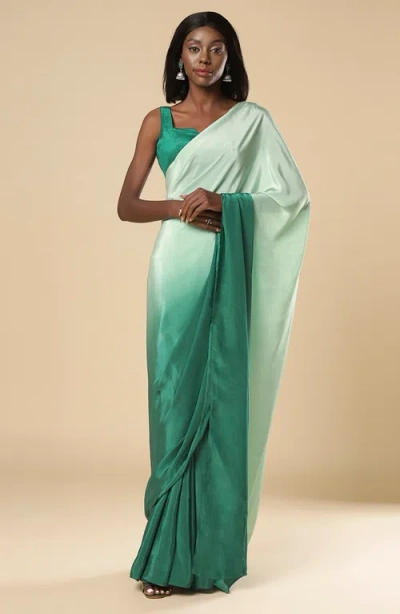 One Minute Saree® Cerah Green & Mint Ombre Satin Pre-draped Ready To Wear Sari In Mint & Green