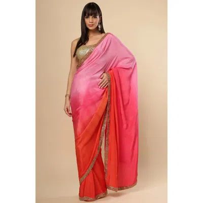 One Minute Saree® Chandini Pink & Orange Ombre Modal Satin With Gold Sequins Border Ready To Wear Sa In Multi