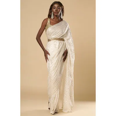 One Minute Saree® Charlize Luxe Cream Geometric Sequins Georgette Ready To Wear Saree