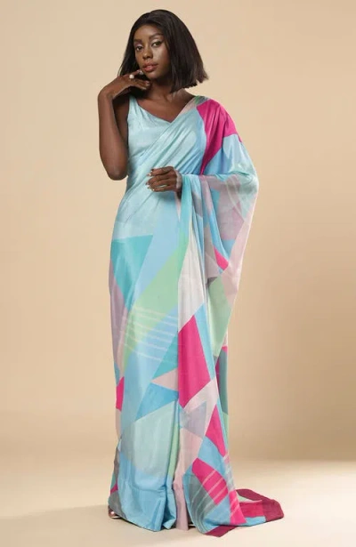 One Minute Saree® Kriss Turquoise Abstract Crepe Ready To Wear One Minute Saree In Blue