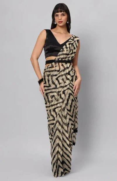 One Minute Saree® Maya Cream & Black Zigzag Georgette Ready To Wear One Minute Saree In Multi