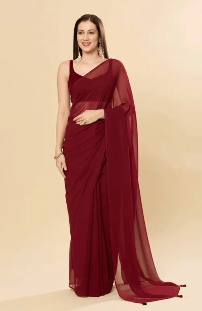 One Minute Saree® Misha Maroon Pre-draped Georgette Saree In Burgundy