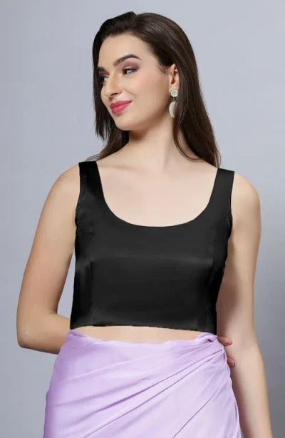 One Minute Saree® Reema Black Satin Comfort Stretch Deep U Adjustable Tie Back Saree Blouse