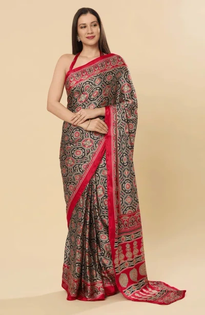 One Minute Saree® Zoya Ajrakh Red Pre-draped Satin Printed Saree