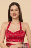 One Minute Saree® Zoya Ajrakh Red Satin Printed Halter Neck Blouse In Red