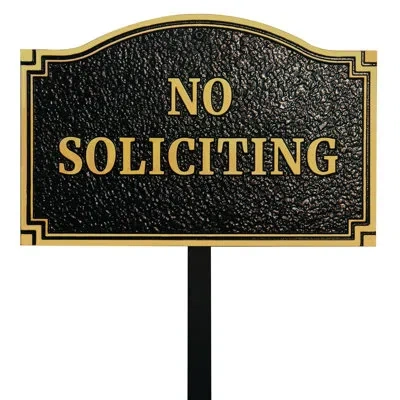 One No Soliciting Statement Plaque, Solid Metal Cast Yard Sign, Thick And Sturdy Material, Embossed Lett In Black