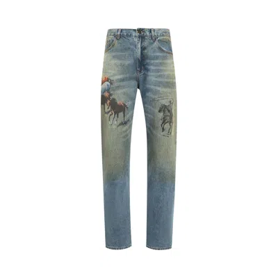 Pre-owned One Of These Days All Over Print Straight Leg Jeans 'indigo' | Blue | Men's Size M