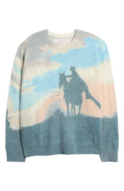 One Of These Days Stayed Away Wool Blend Graphic Crewneck Sweater In Blue Multi
