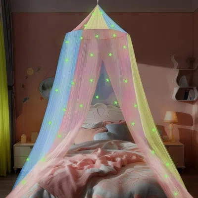 One Princess Bed Canopy With Glow-in-the-dark Stars, Colorful Canopy Net Fits Most Single, Twin, Full An In Blue;pink