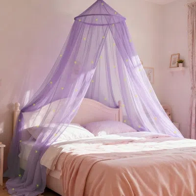 One Purple Bed Canopy With Glow-in-the-dark Stars, Princess Canopy Curtains Fits Single, Twin, Full, Que