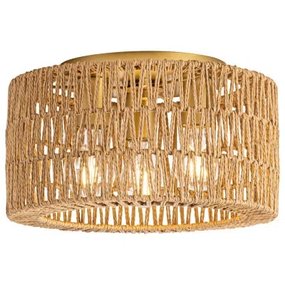 One Rattan Ceiling Light Fixture, 3 Light Bohemian Modern Woven Ceiling Light, Boho Flush Mount Ceiling  In Gold