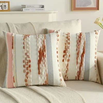 One Rust Beige Decorative Throw Pillow Covers 18x18 Inch Set Of 2, Soft Tufted Striped Textured Accent C In Ivory