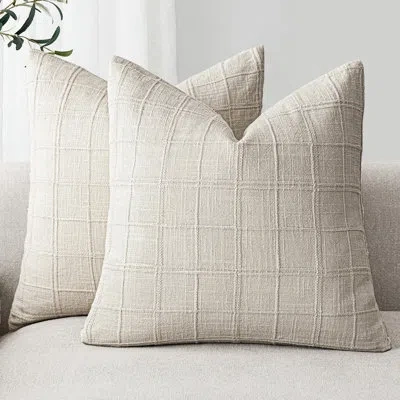 One Set Of 2 Decorative Linen Check Throw Pillow Covers Neutral Farmhouse Vintage Cushion Covers Modern  In Ivory