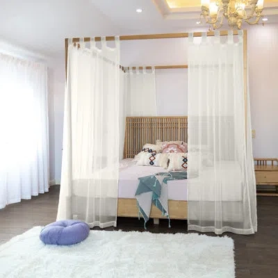 One Sheer Canopy Bed Curtains For King, Queen, Full And Twin Bed, 4 Corner Bed Canopies & Drapes, Four P In White