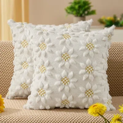 One Spring Summer Pillow Covers 18x18 Inch Set Of 2 Farmhouse Decor Yellow Color Flower Heart Sunflower  In White