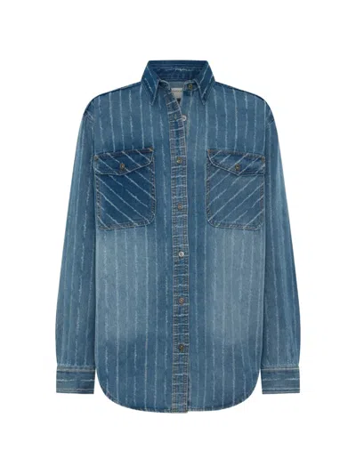 One Teaspoon Distressed Striped Denim Shirt In Blue