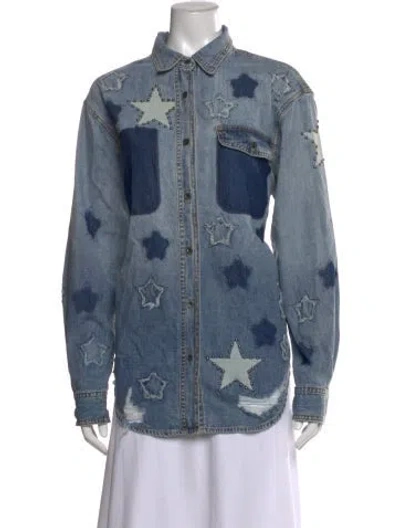 Pre-owned One Teaspoon Graphic Print Long Sleeve Button-up Top In Blue