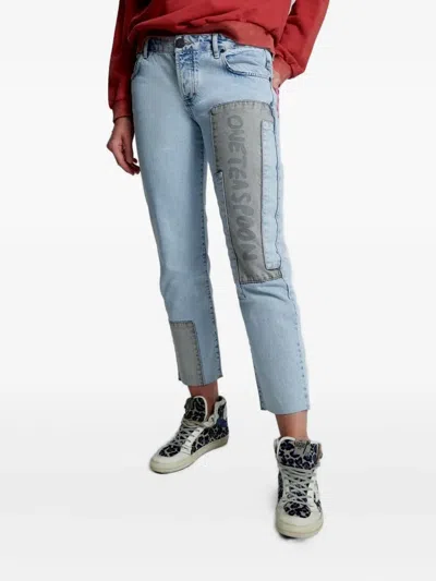 One Teaspoon Patchwork Frayed Jeans In Blue