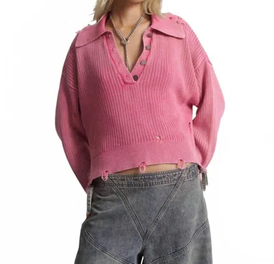 One Teaspoon Rib College Pullover Sweater In Pink
