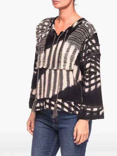 One Teaspoon Santorini Tie-dye Embroidered Blouse In Black