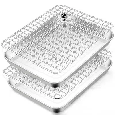 One Toaster Oven Pan With Rack Set, 9 X 7 X 1 Inch Stainless Steel Mini Baking Pan Tray With Grid Rack F In Silver