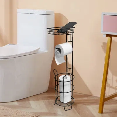 One Toilet Paper Holder Stand Bathroom Toilet Paper Storage With Raised Base, Tissue Paper Roll Dispense In Black
