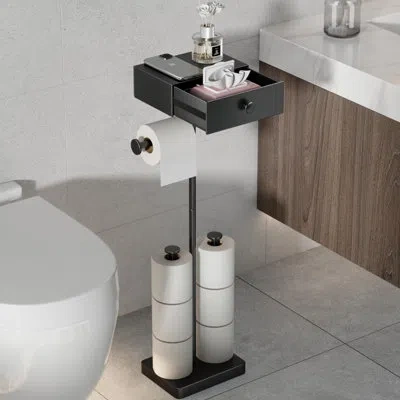 One Toilet Paper Holder Stand With Shelf, Free Standing Black Toilet Paper Roll Holder With Wipes Storag
