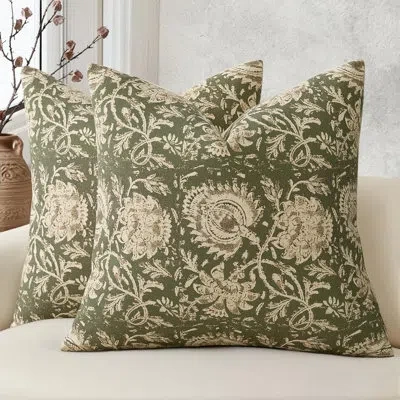 One Vintage Floral Print Throw Pillow Covers 18x18 Set Of 2 Neutral Modern Farmhouse Pillowcases Accent  In Green