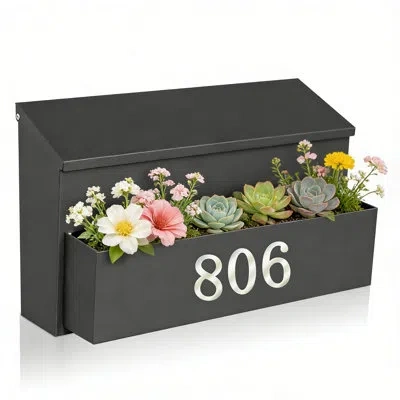One Wall Mount Mailbox, Large Capacity For House, Outside, With 3 Sets Of 0-9 Number Stickers & Flower P In Black