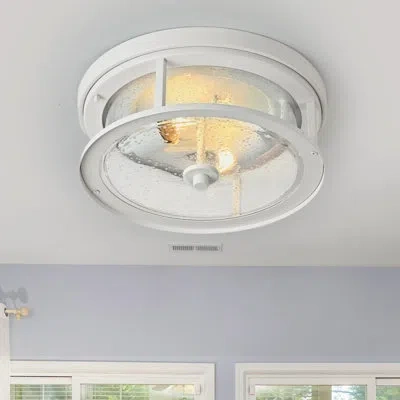 One White Flush Mount Ceiling Light Fixture, 2-light With Seeded Glass White Ceiling Light Fixture For B