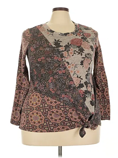 Pre-owned One World 3/4 Sleeve Top Brown Keyhole Neckline Tops