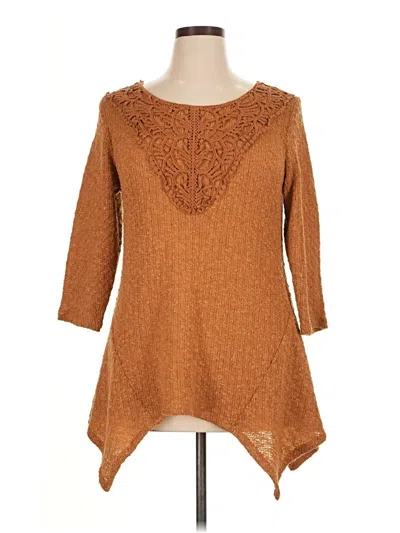 Pre-owned One World 3/4 Sleeve Top Brown Keyhole Neckline Tops