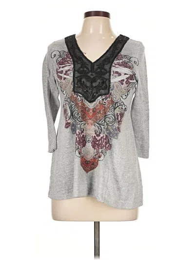 Pre-owned One World 3/4 Sleeve Top Gray V-neck Tops