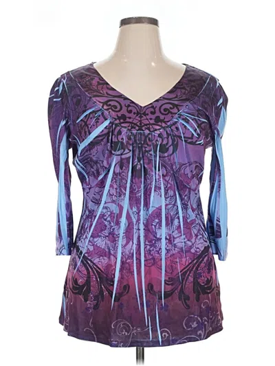 Pre-owned One World 3/4 Sleeve Top Purple Open Neckline Tops