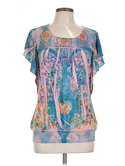 Pre-owned One World Short Sleeve Blouse In Teal